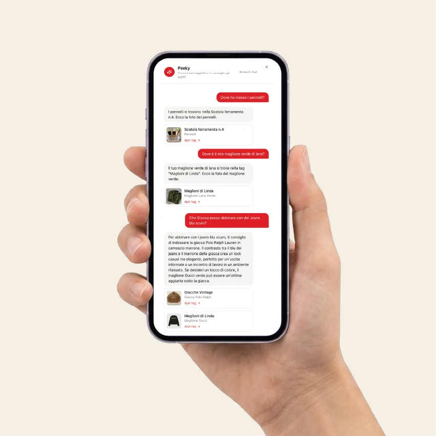 Mano che tiene uno smartphone con la chat di Peeky